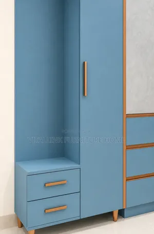 Modern Blue Stone-Finish Wardrobe With Vanity Nook Drawers