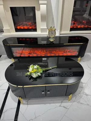 High-End Tv Console With Electric Fireplace and Elegant Center Table