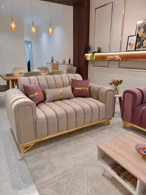 Luxe Beige Velvet Sofa Set With Gold Trim Channel Tufting