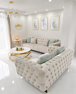 Luxury Cream Chesterfield Sofa Set With Gold Legs Tufting