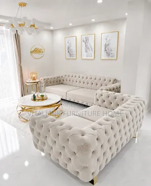 Luxury Cream Chesterfield Sofa Set With Gold Legs Tufting