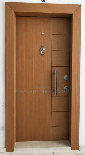 Modern Wooden Security Door With Silver Handle Double Lock