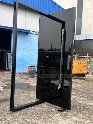 5x8 Plain Black Luxury Pivot Door With Black Chrome Design