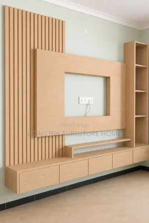 Minimalist Light Wood Floating Tv Console With Display Tower