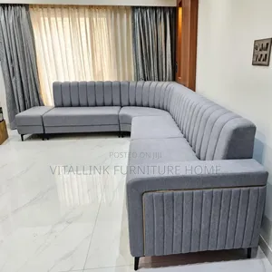 Modern Grey L-Shape Sectional Sofa With Gold Trim Channel Tufting