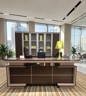 Luxury Executive Office Table Matching Glass-Door Bookcase Set