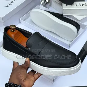Men's Black Leather Loafers With White/Black Sole