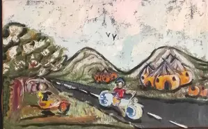 Bike Man in a Village Scene