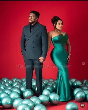 Strapless Heart-Bodice Gown Men’S Deep Teal Double-Breasted Suit