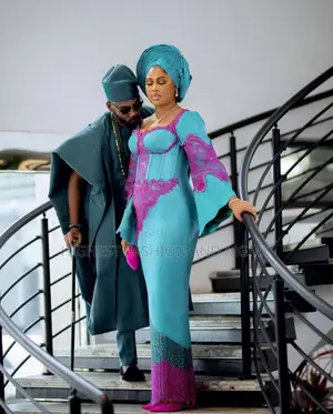 Lace-Paneled Iro and Buba Men’S Minimalist Deep Teal Agbada