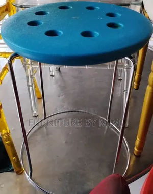 Durable Round Stainless Steel Stool - Blue Plastic Top .