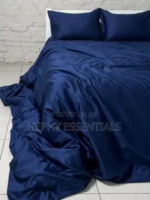 Premium Navy Blue Silk Duvet Cover Bedsheet Set + 4 Pillowcases