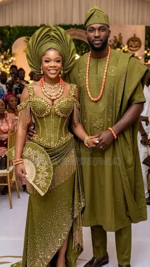Agbada and Beaded Gown Wedding Set