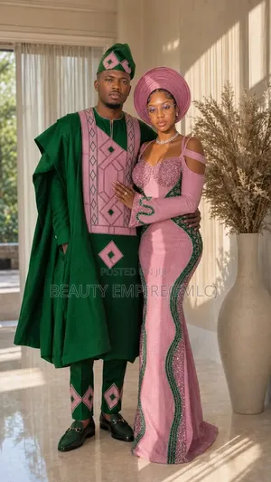 Embroidered Agbada With Beaded Gown Couple Traditional Set