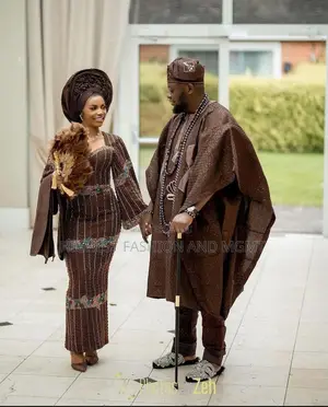 Earth-Tone Lace Gown Tailored Bronze-Brown Agbada