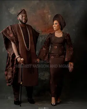 Chocolate Star-Lace Gown Tailored Chocolate-Brown Agbada