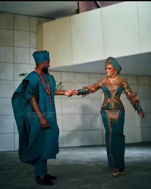 Metallic Teal Lace Gown Structured Cobalt Agbada