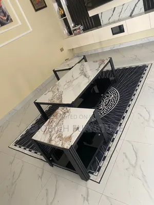 Marble-Top Coffee Table Tv Stand Set – Black Metal Frame