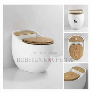 Brand New Luxury One-Piece Toilet With Wooden Seat Cover -Glossy White