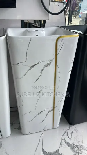 Brand New Luxury Marble Pedestal Basin - White With Gold Trim