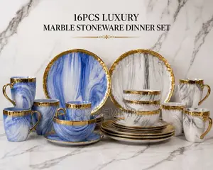 16PCS Luxury Marble Stoneware Dinner Set – Gold/Bluish Marble Design