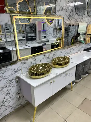 Bathroom Vanity Cabinet Set With Gold Vessel Sinks LED Smart Mirror