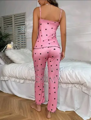 Heart Print Contrast Lace Bow Front Cami PJ Set / Pajama Set Bow Tie