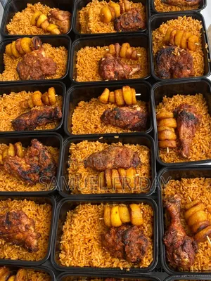 Jollof Rice, Grilled Peppered Chicken, Skewed Plantain