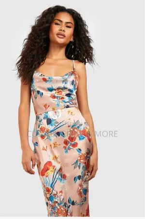 Boohoo Satin Floral Cowl Flute Hem Slip Dress