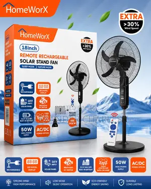 18” Remote Rechargeable Solar Standing Fan – 30w Panel 3 Extra Bulbs