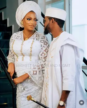 Lace Bridal Gown With Matching Gele Embroidered White Agbada Set —