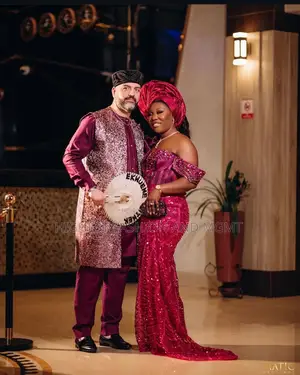 Bridal Gown With Matching Gele Plum-Toned Sequined Agbada Set