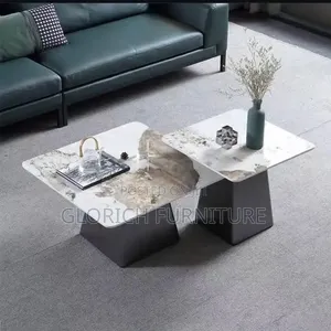Twin Sintered Stone Coffee Table Set – Geometric Matte Black Pedestal