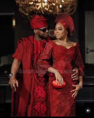 Crimson Lace Gown With Gele Intricate Crimson Traditional Agbada
