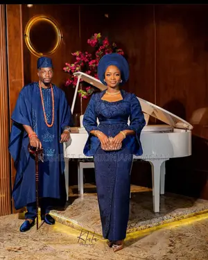 Lace Gown With Structured Gele Textured Indigo Agbada With Crown