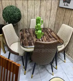 Luxury 4-Seater Faux Marble Dining Set With Quilted Chairs