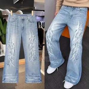 Blue Flared Jeans With Gothic Print Wreath Logo – Wide Leg Denim