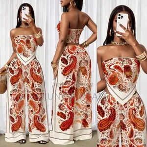 Paisley Print Strapless Top Wide-Leg Pant