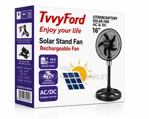 16-Inch Solar Rechargeable Stand Fan | AC/DC Lithium Battery