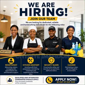 Receptionist, Kitchen Assistant, Cleaner, Security.
