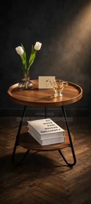 Modern Two-Tiered Round Side Table – Wooden Tray Top Metal Frame
