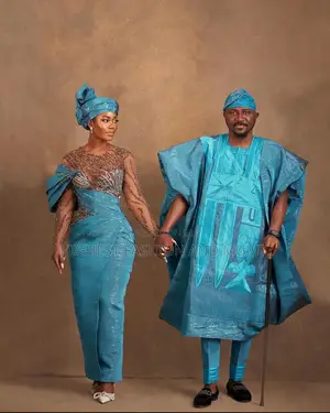 Teal Corset Gown and Teal Agbada Set