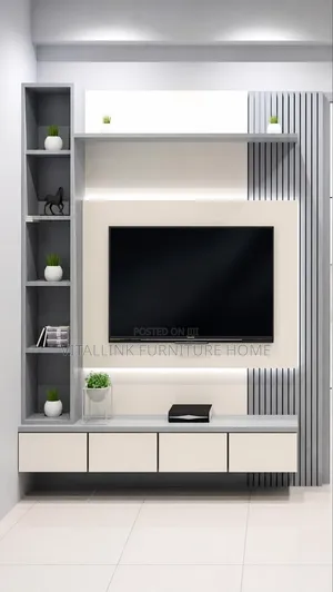 Modern Grey White TV Wall Console With Fluted Panels LEDs
