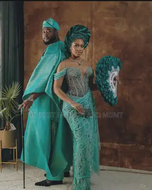 Ochre Lace Peplum Gown and Ochre Embroidered Agbada