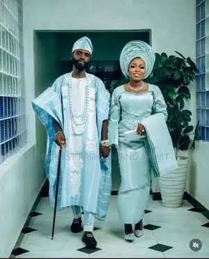 Sky Blue Lace Gown Striped Blue-and-White Agbada Set