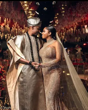 Gold Sequin Asymmetrical Gown Textured Metallic Gold Agbada