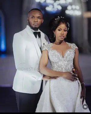 Fit-and-Flare Gown With Detachable Overskirt White Tuxedo Suit