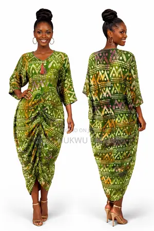 Ruched Adire Dress With v Neck