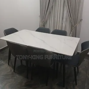 Modern White Marble Set-Finish Table Top and Grey Padded Leather Seats