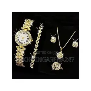 Women's Gold Watch,Ring,Necklace,Earrings ,Bracelet Jewelry Set